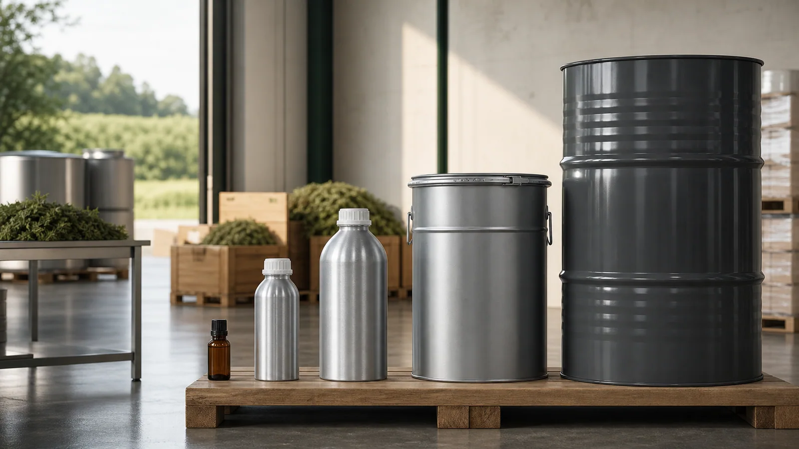 Sample, aluminum bottle and industrial drum packaging formats