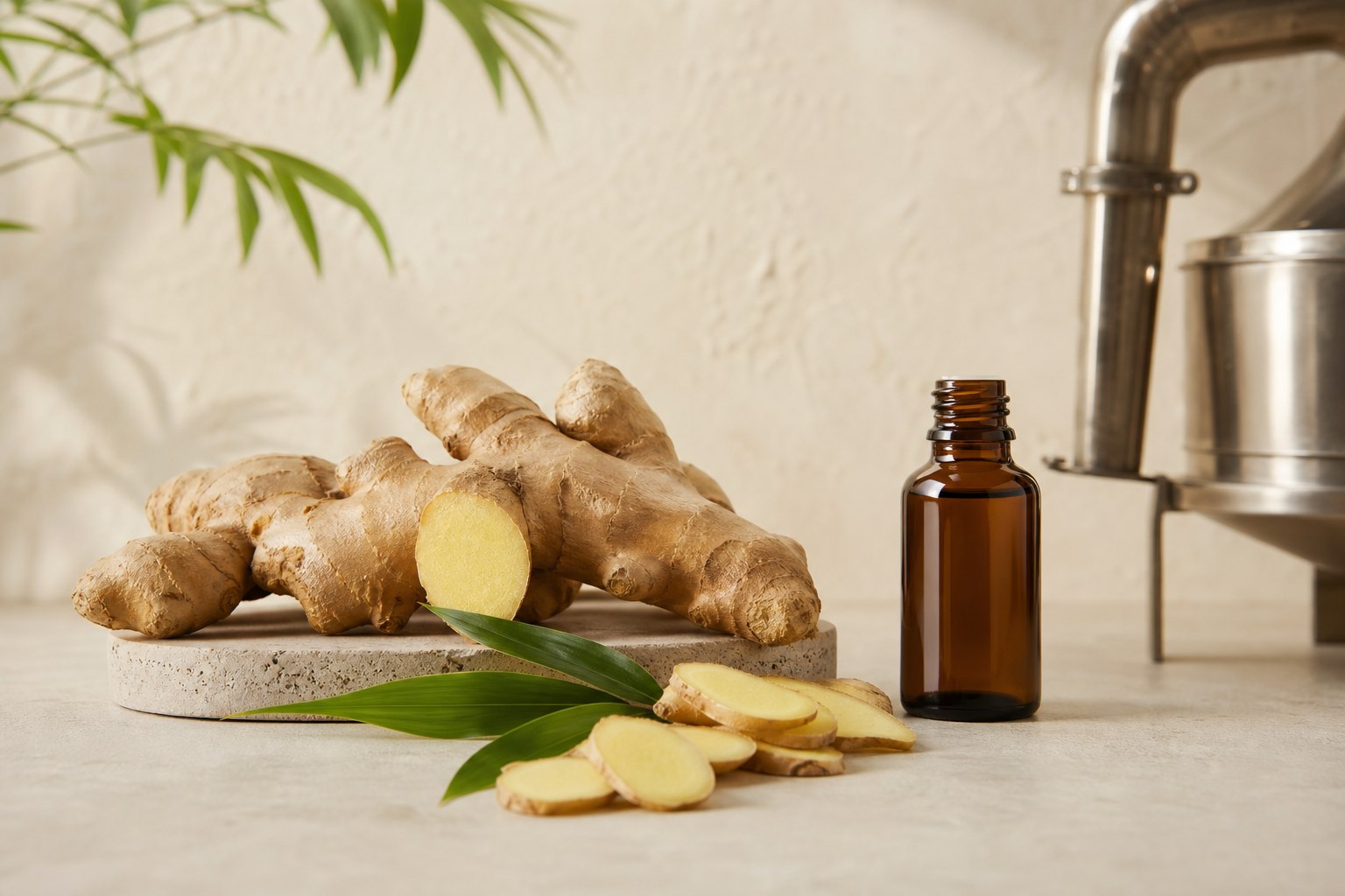 Fresh ginger rhizomes and slices with an amber essential oil bottle