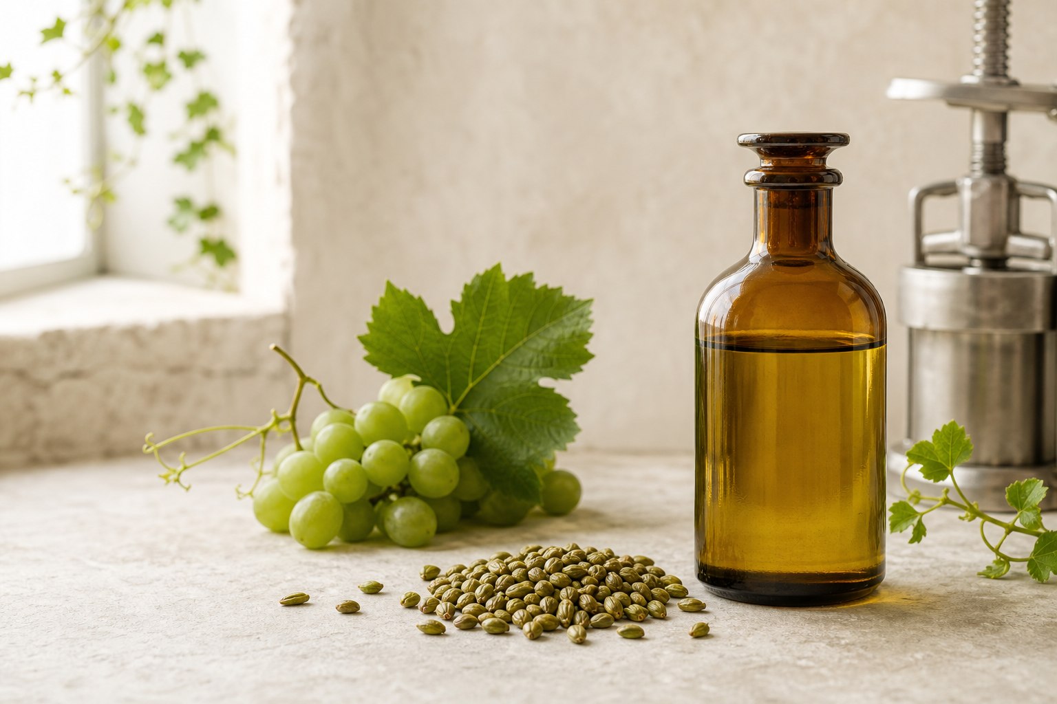 Grapes, grape seeds and golden carrier oil with cold-press equipment