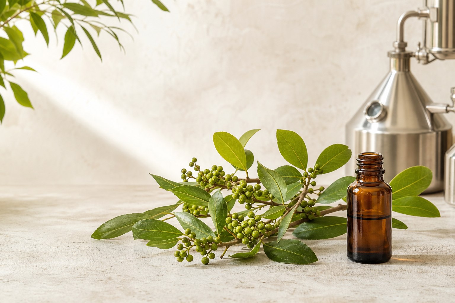 Litsea cubeba fruit and leaves with an amber essential oil bottle