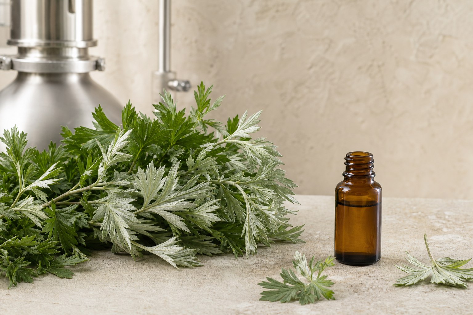 Fresh Chinese mugwort leaves with amber essential oil bottle and distillation vessel