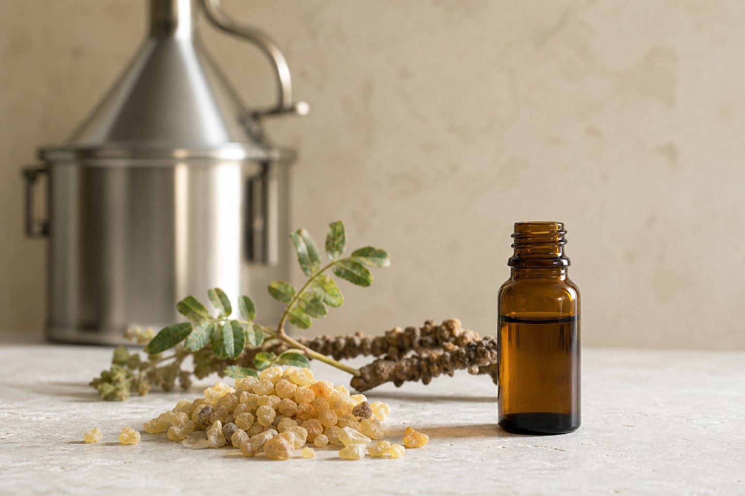 Frankincense resin, amber essential oil bottle and steam distillation equipment
