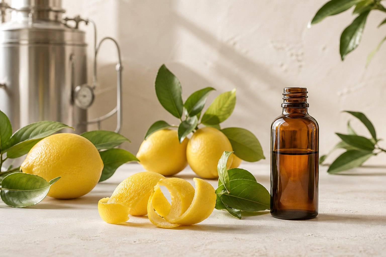 Fresh lemons, lemon peel, amber essential oil bottle and processing equipment