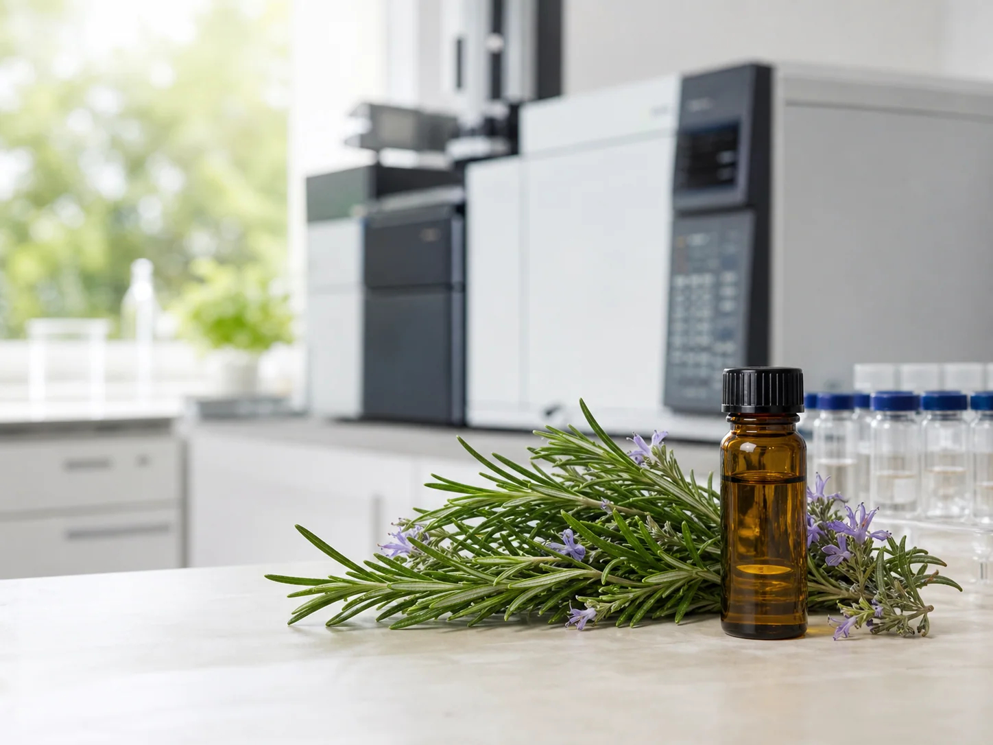 Rosmarinus officinalis sprigs, essential oil sample and GC-MS laboratory equipment