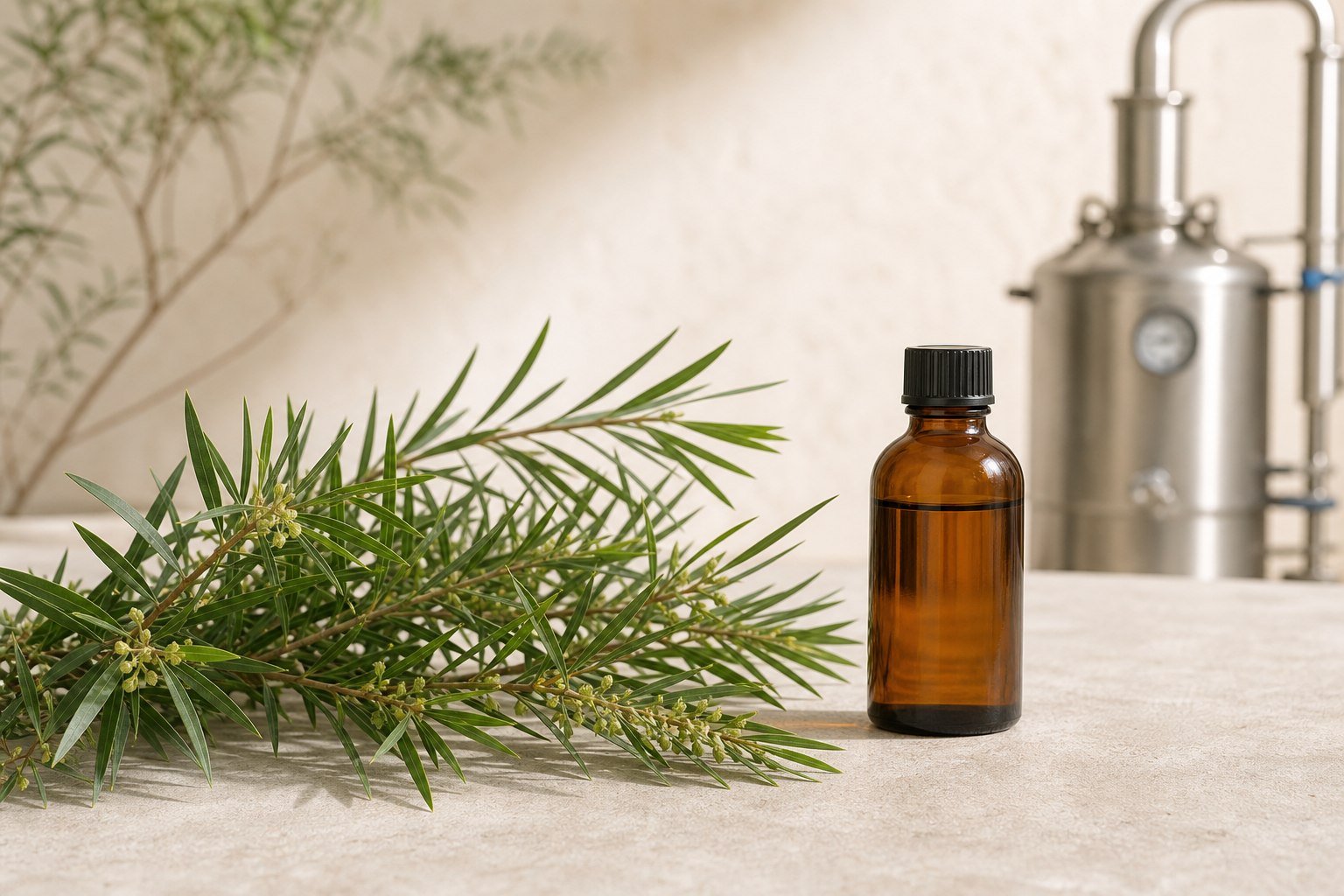 Tea tree foliage, amber essential oil bottle and distillation equipment