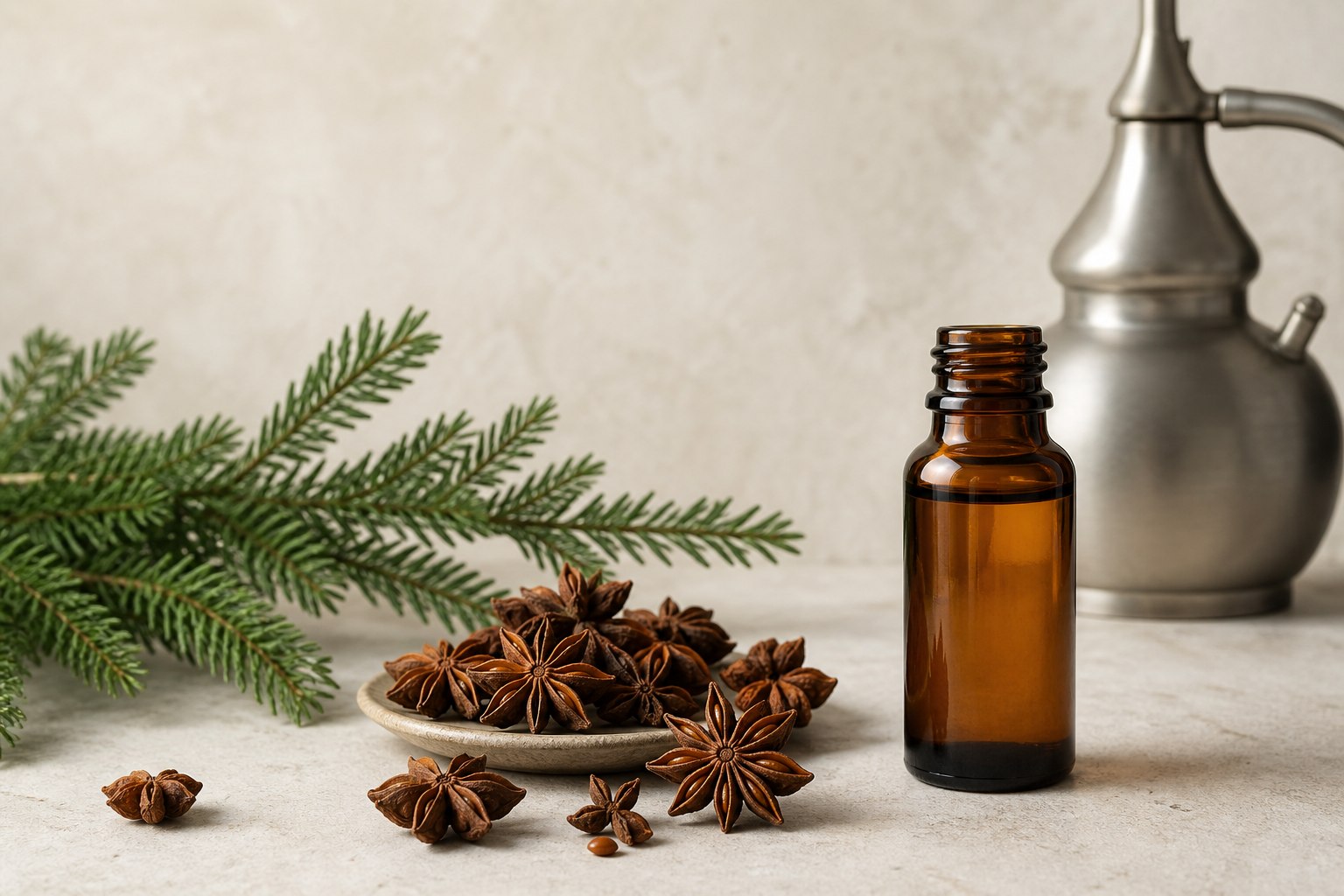Chinese star anise fruits with amber essential oil bottle and distillation vessel