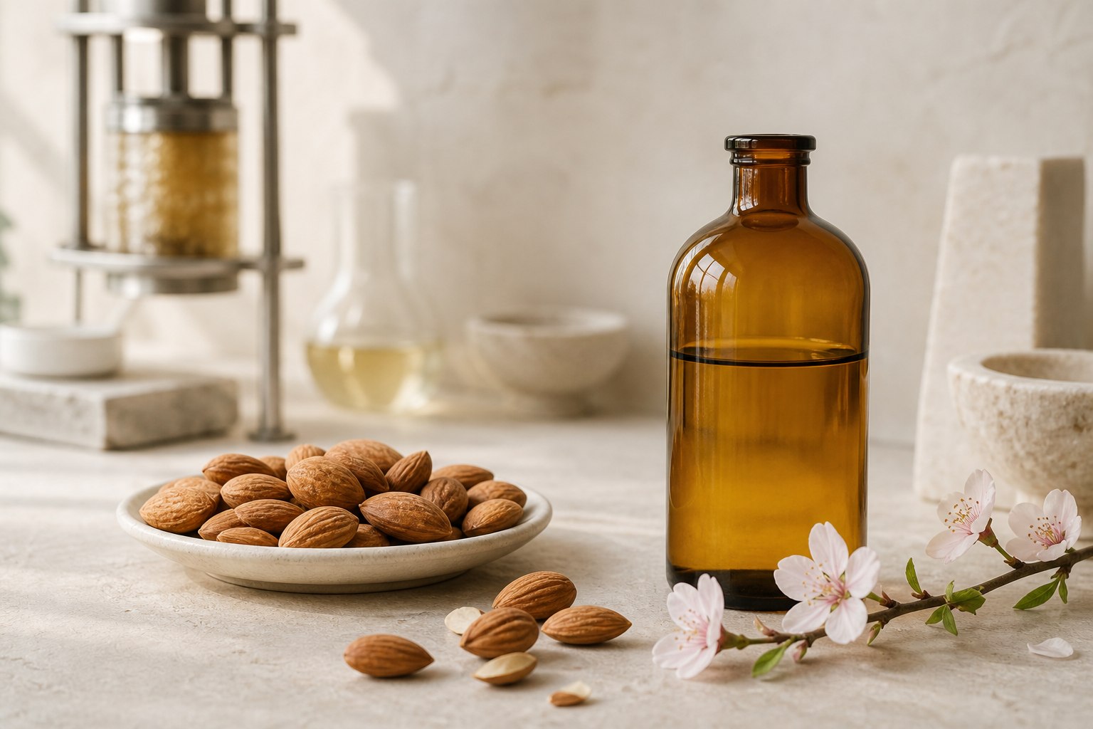 Sweet almonds and blossoms with golden carrier oil and cold-press equipment